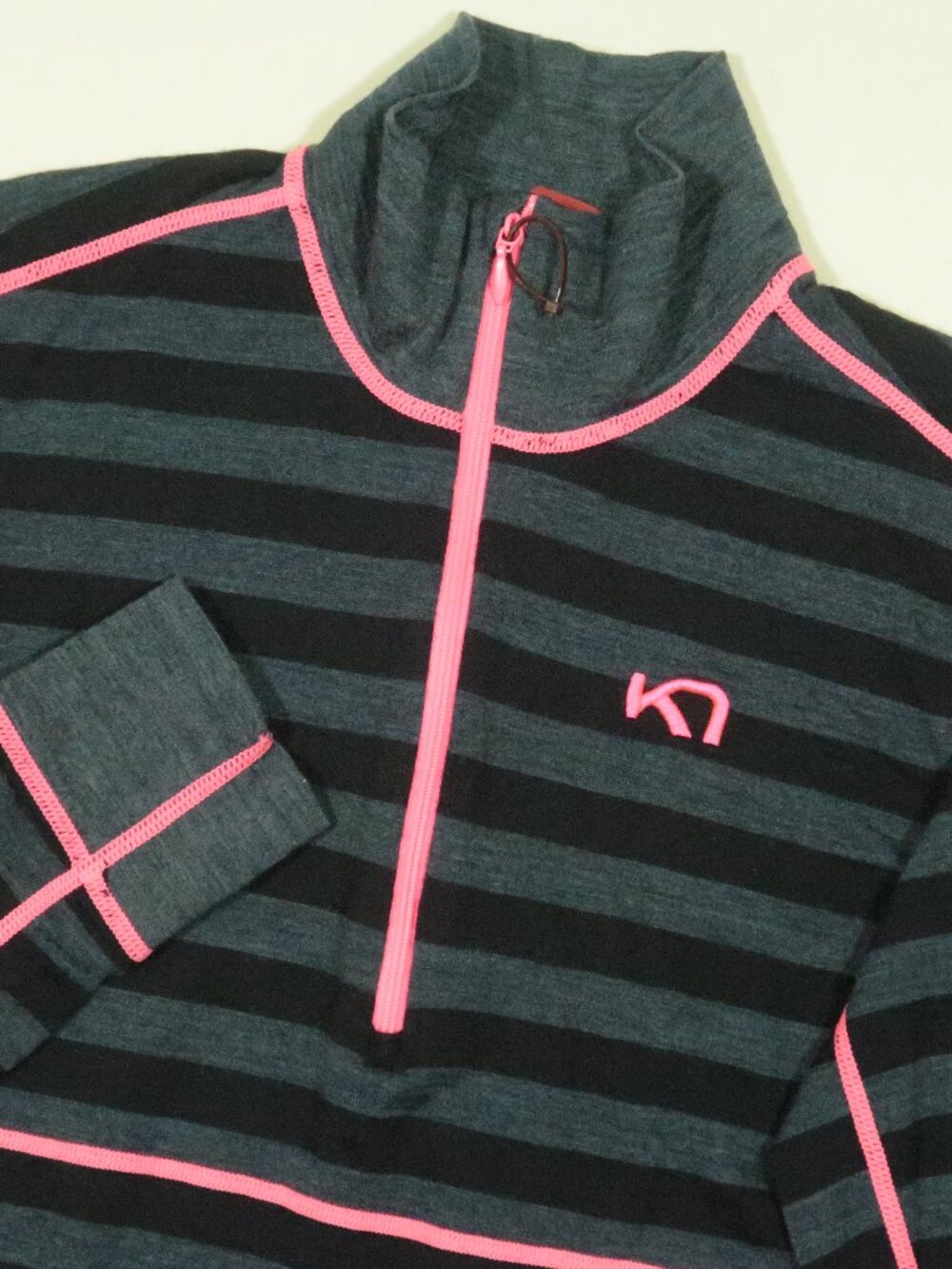 Kari Traa Ulla Half Zip Base Layer L Black Pink Merino Wool 4 Way Stretch Stripe